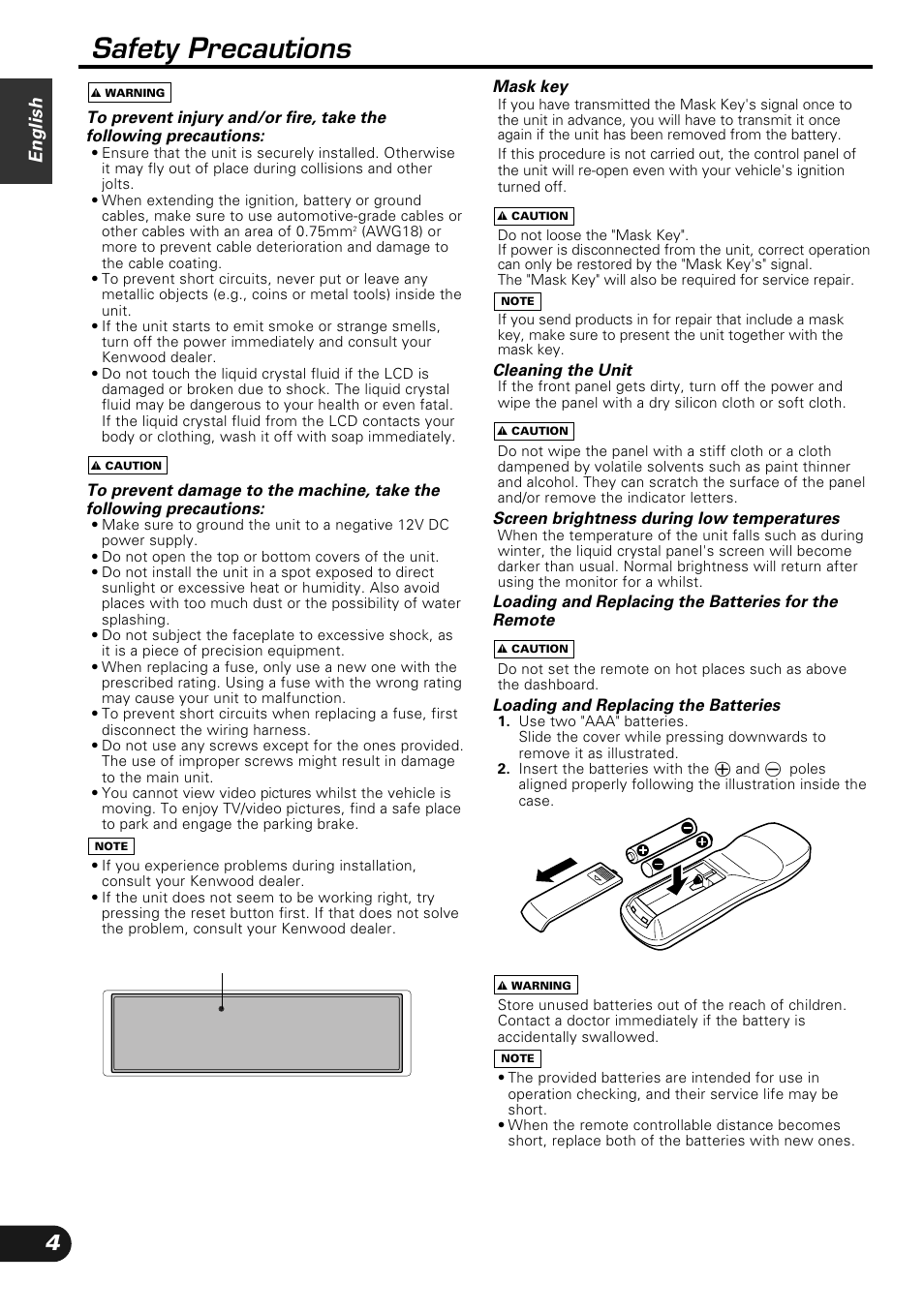 Safety precautions, English | Kenwood KVC-1000 User Manual | Page 4 / 36