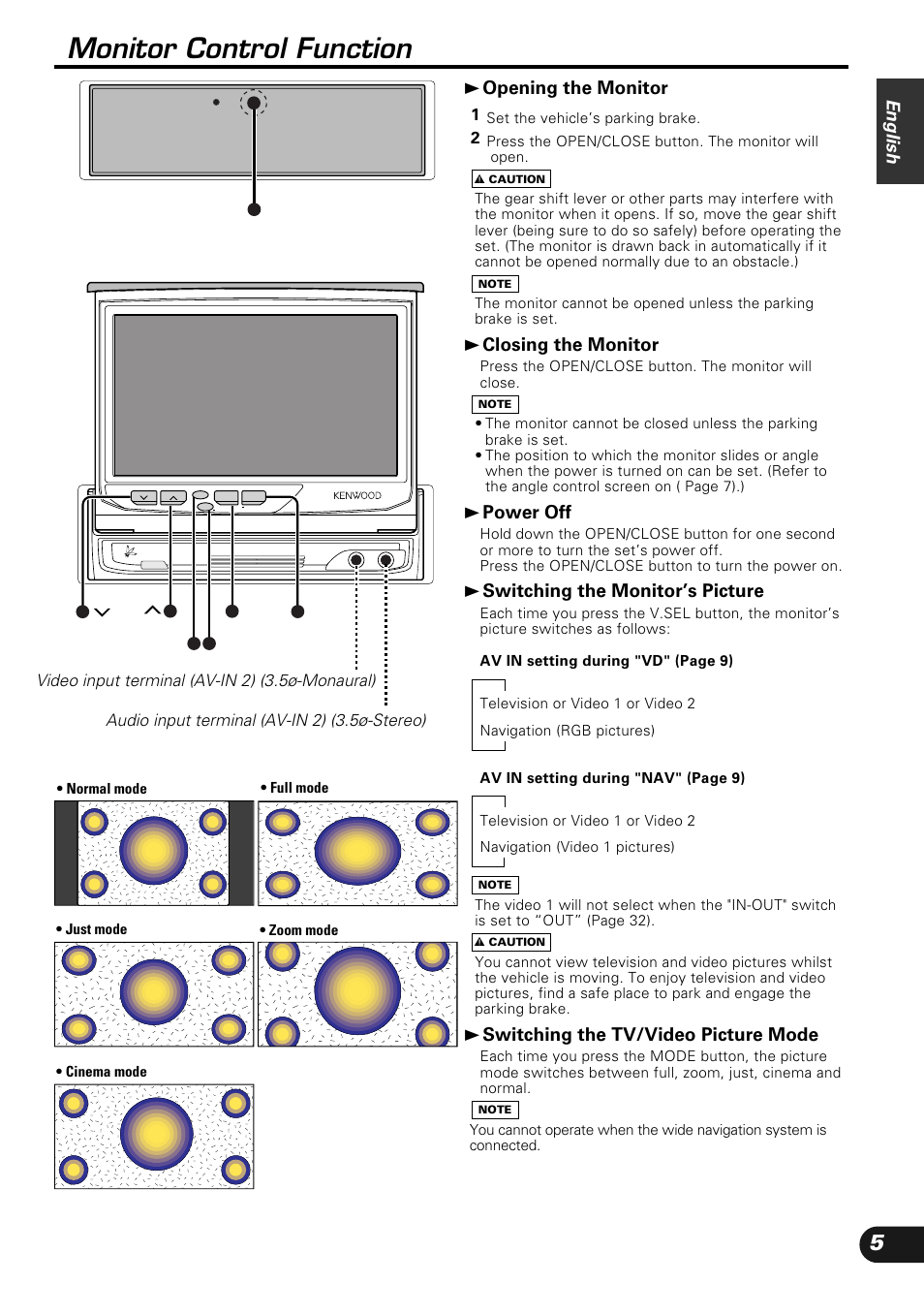 Monitor control function, English, 3 opening the monitor | 3 closing the monitor, 3 power off, 3 switching the monitor’s picture, 3 switching the tv/video picture mode | Kenwood KVC-1000 User Manual | Page 5 / 36