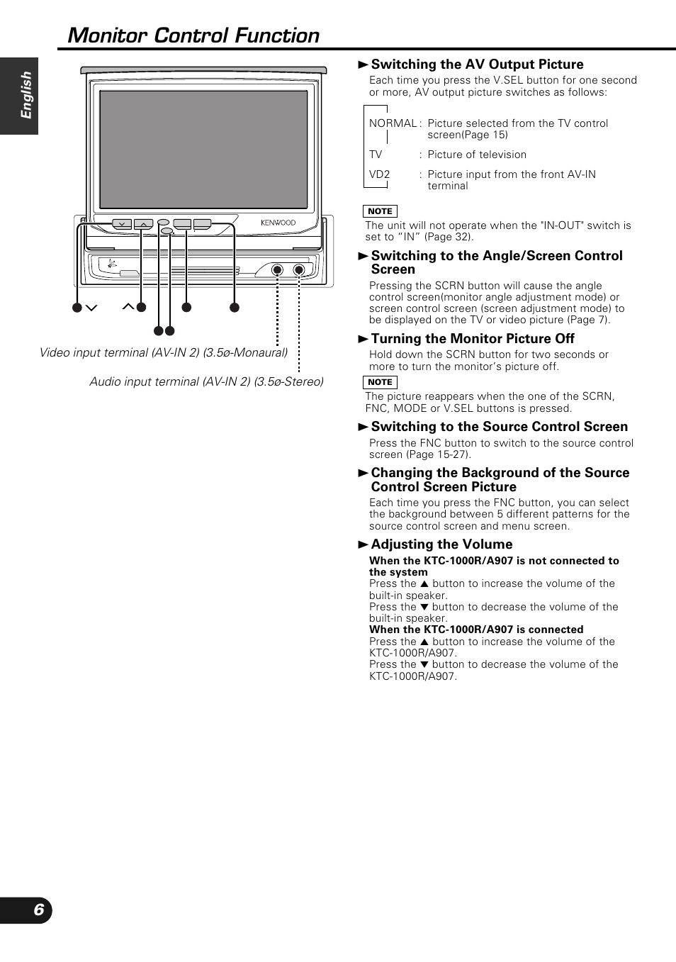 Monitor control function, English, 3 switching the av output picture | 3 switching to the angle/screen control screen, 3 turning the monitor picture off, 3 switching to the source control screen, 3 adjusting the volume | Kenwood KVC-1000 User Manual | Page 6 / 36