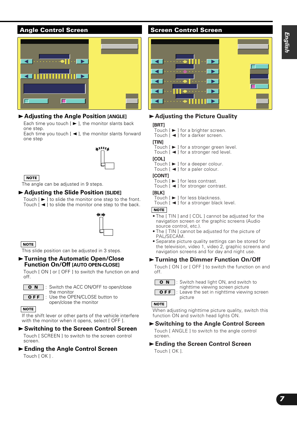 3 adjusting the picture quality, 3 turning the dimmer function on/off, 3 switching to the angle control screen | 3 ending the screen control screen, English, 3 adjusting the angle position, 3 adjusting the slide position, 3 turning the automatic open/close function on/off, 3 switching to the screen control screen, 3 ending the angle control screen | Kenwood KVC-1000 User Manual | Page 7 / 36