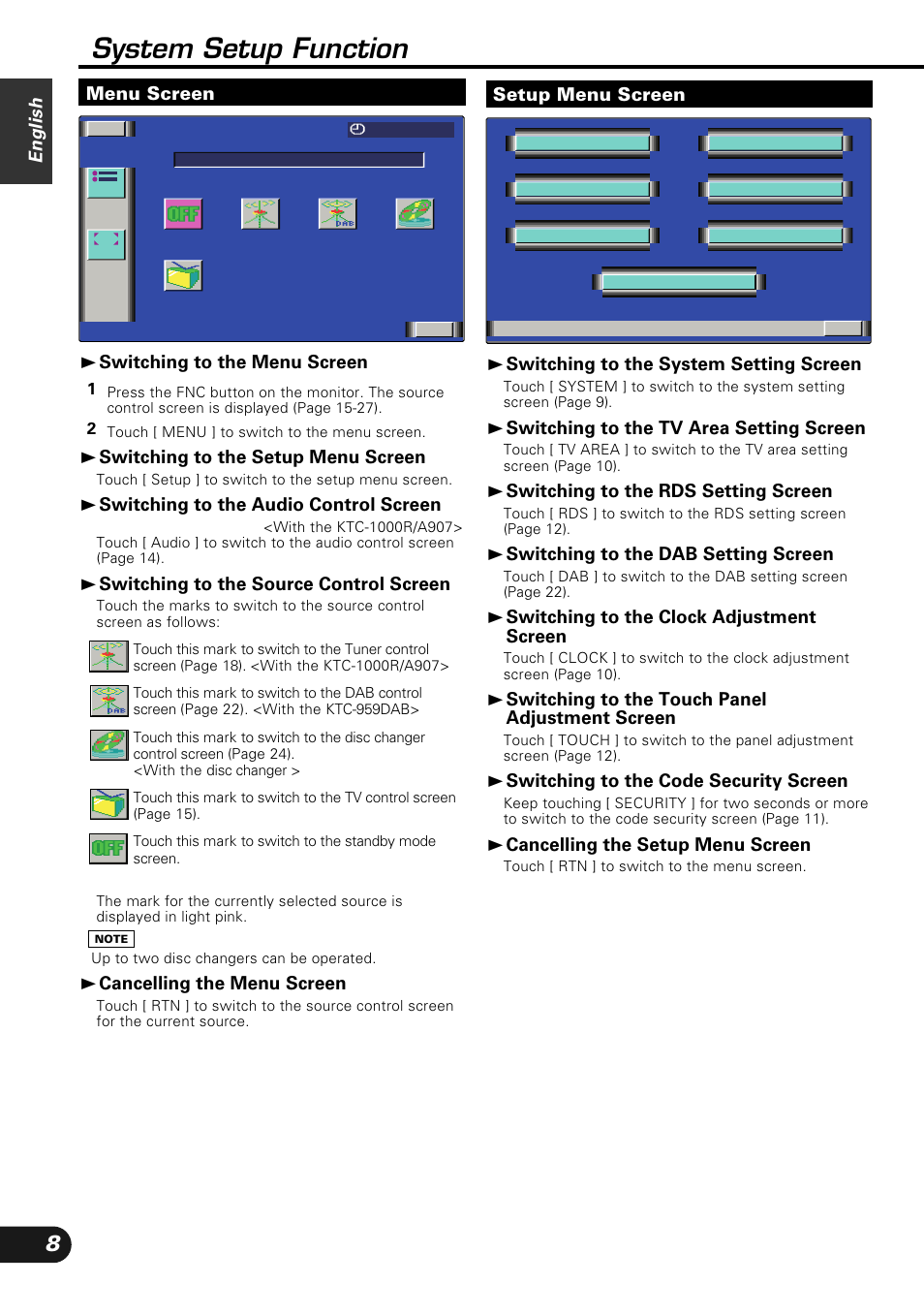 System setup function | Kenwood KVC-1000 User Manual | Page 8 / 36