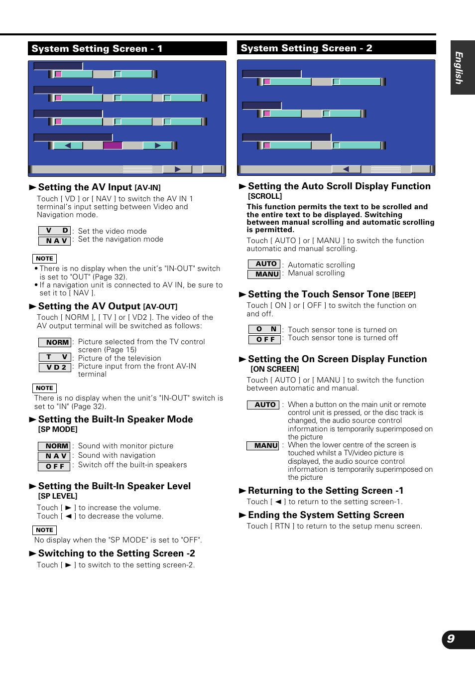 English, 3 setting the av input, 3 setting the av output | 3 setting the built-in speaker mode, 3 setting the built-in speaker level, 3 switching to the setting screen -2, 3 setting the touch sensor tone, 3 setting the on screen display function, 3 returning to the setting screen -1, 3 ending the system setting screen | Kenwood KVC-1000 User Manual | Page 9 / 36