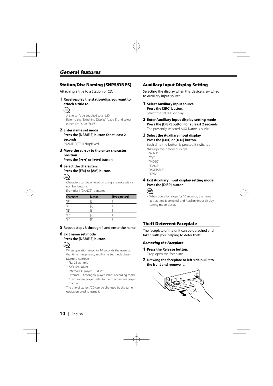 Station/disc naming (snps/dnps), Auxiliary input display setting, Theft deterrent faceplate | General features | Kenwood KDC-5026G User Manual | Page 10 / 30