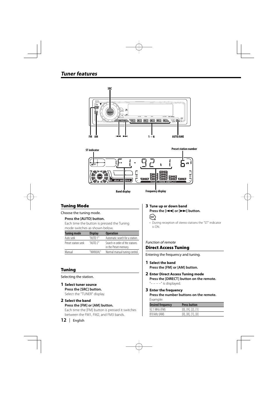 Tuner features, Tuning mode, Tuning | Direct access tuning | Kenwood KDC-5026G User Manual | Page 12 / 30