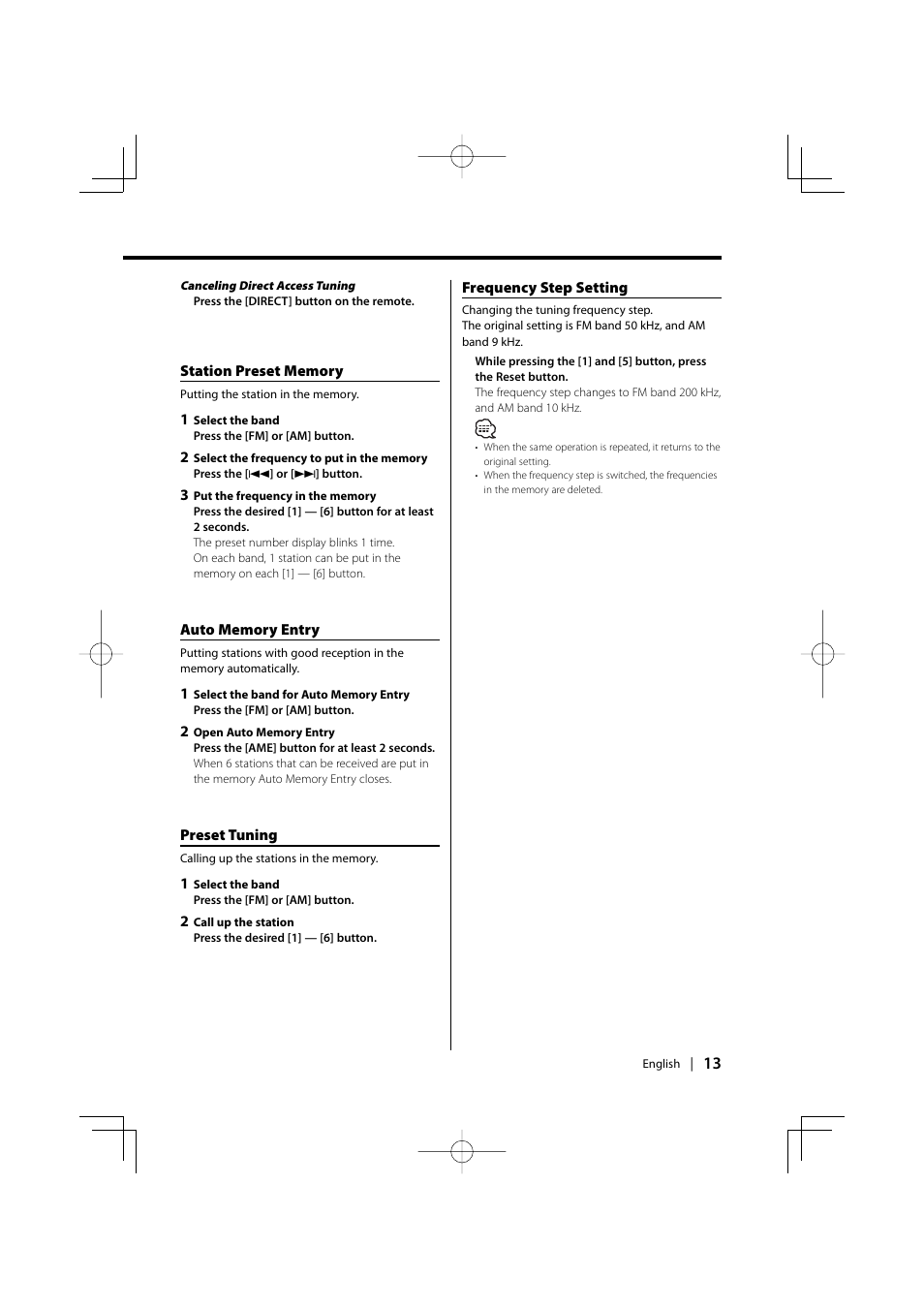 Station preset memory, Auto memory entry, Preset tuning | Frequency step setting | Kenwood KDC-5026G User Manual | Page 13 / 30