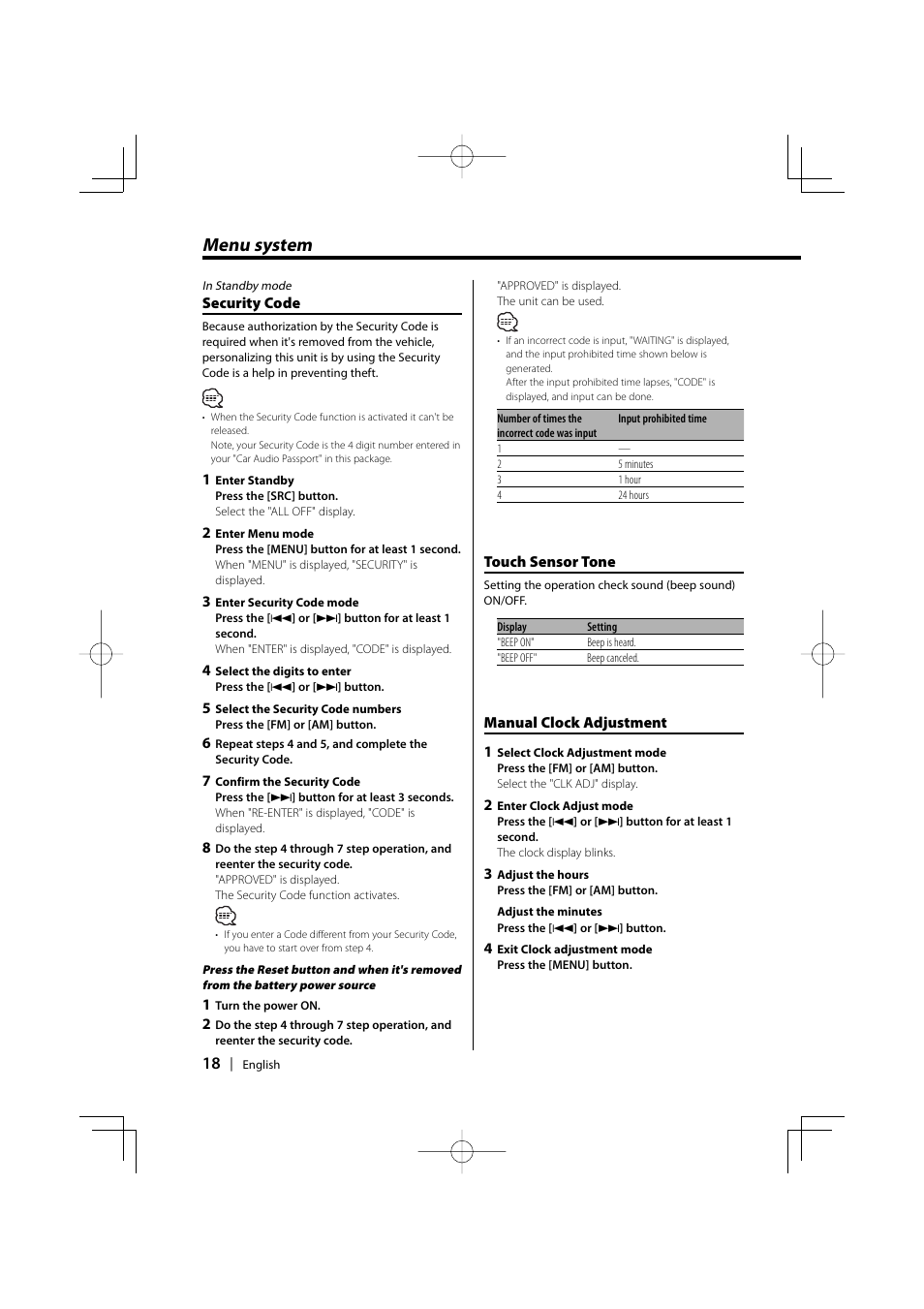 Security code, Touch sensor tone, Manual clock adjustment | Menu system | Kenwood KDC-5026G User Manual | Page 18 / 30