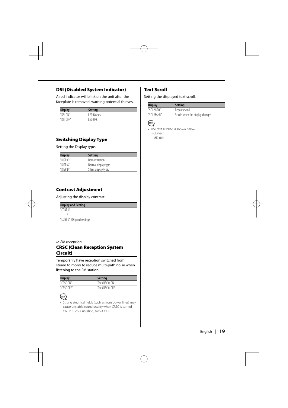 Dsi (disabled system indicator), Switching display type, Contrast adjustment | Crsc (clean reception system circuit), Text scroll | Kenwood KDC-5026G User Manual | Page 19 / 30