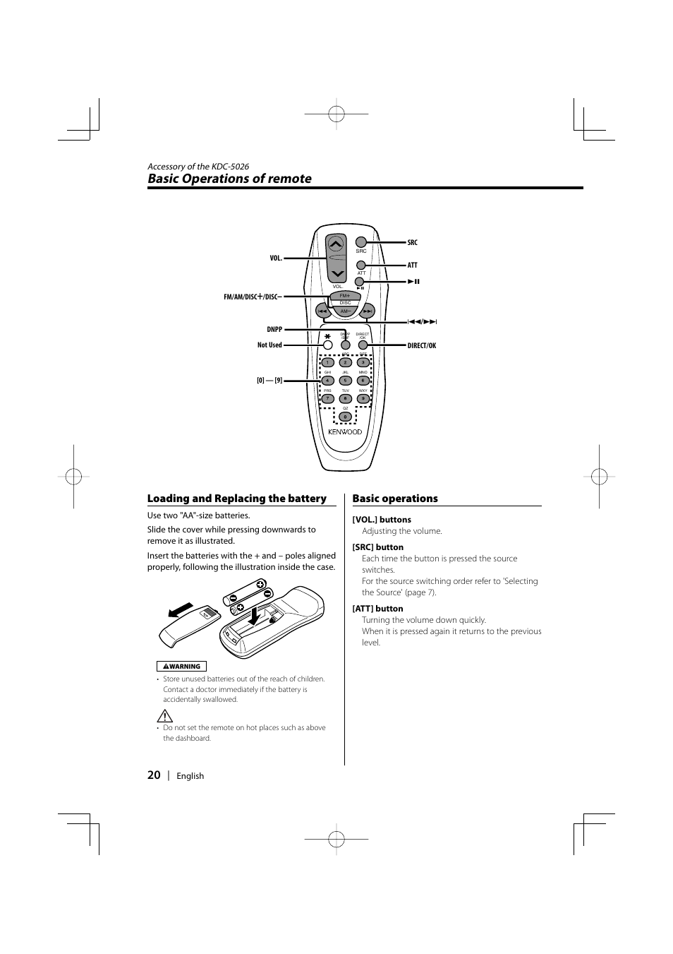 Basic operations of remote, Loading and replacing the battery, Basic operations | Kenwood KDC-5026G User Manual | Page 20 / 30