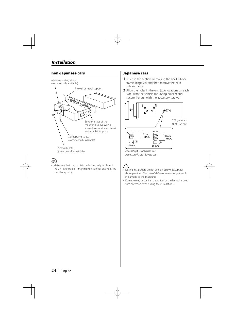 Installation, Non-japanese cars japanese cars 1 | Kenwood KDC-5026G User Manual | Page 24 / 30