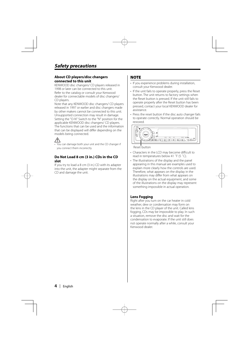 Safety precautions | Kenwood KDC-5026G User Manual | Page 4 / 30