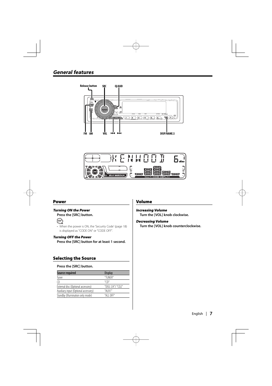 General features, Power, Selecting the source | Volume | Kenwood KDC-5026G User Manual | Page 7 / 30