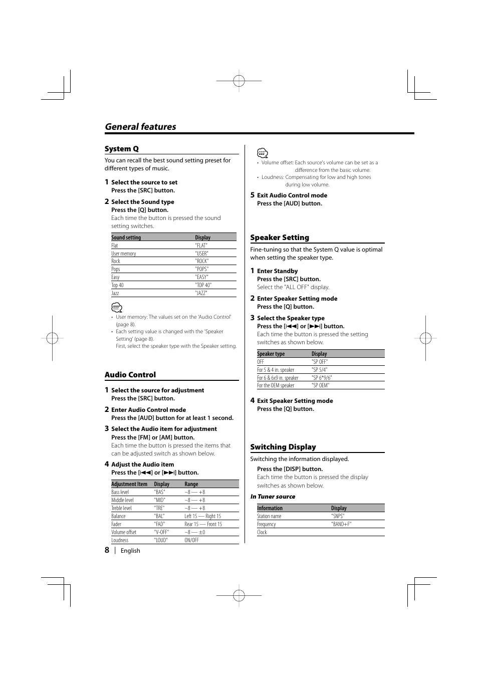 System q, Audio control, Speaker setting | Switching display, General features | Kenwood KDC-5026G User Manual | Page 8 / 30