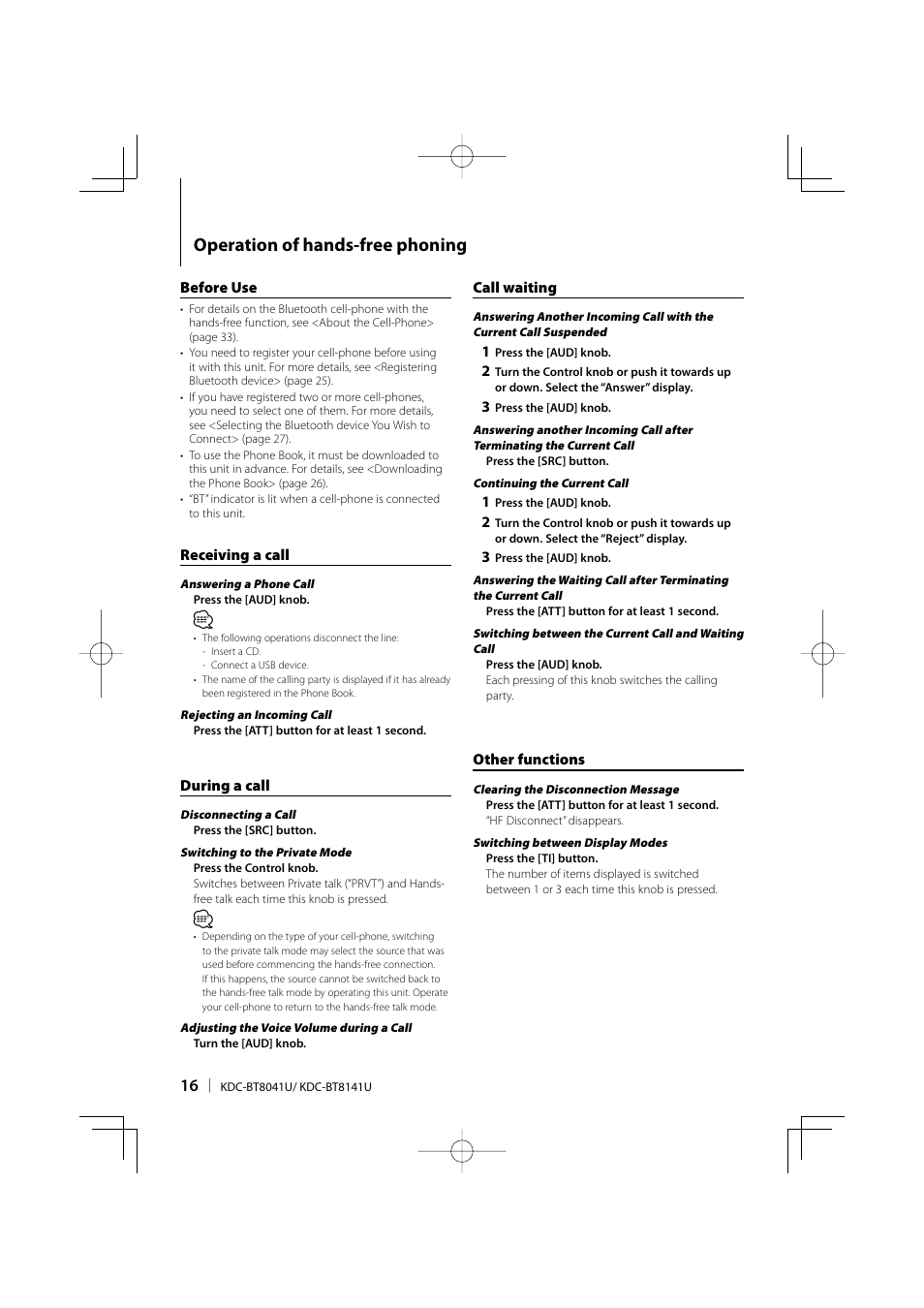 Operation of hands-free phoning | Kenwood KDC-BT8041U User Manual | Page 16 / 48