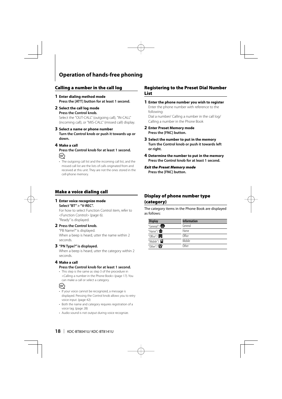 Operation of hands-free phoning | Kenwood KDC-BT8041U User Manual | Page 18 / 48