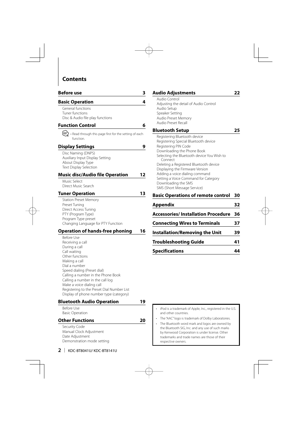 Kenwood KDC-BT8041U User Manual | Page 2 / 48