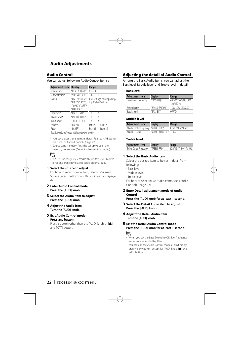 Audio adjustments | Kenwood KDC-BT8041U User Manual | Page 22 / 48