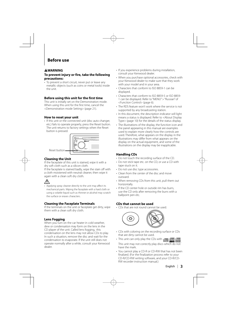 Before use | Kenwood KDC-BT8041U User Manual | Page 3 / 48