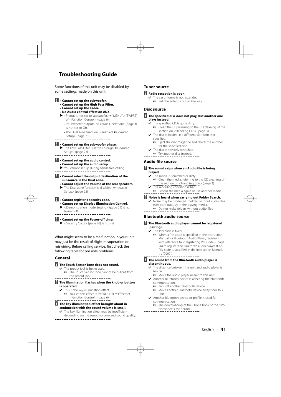 Troubleshooting guide | Kenwood KDC-BT8041U User Manual | Page 41 / 48