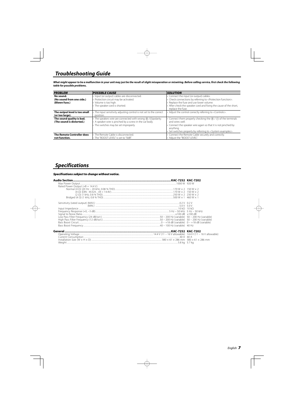 Troubleshooting guide, Specifications | Kenwood KAC-7252 User Manual | Page 7 / 8