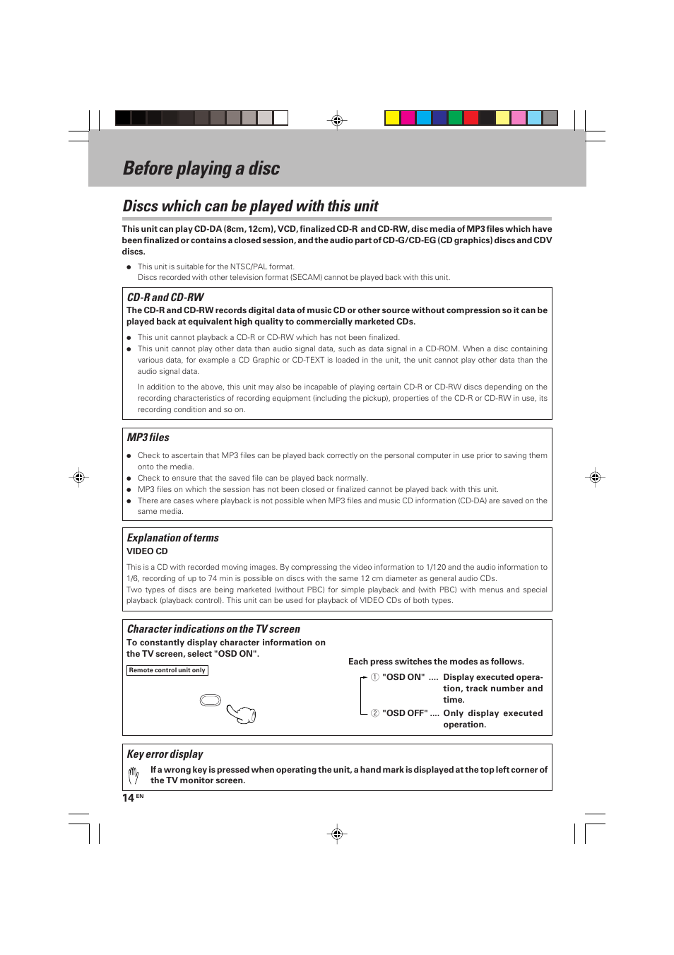 Before playing a disc, Discs which can be played with this unit, Cd-r and cd-rw | Key error display, Mp3 files, Explanation of terms, Character indications on the tv screen | Kenwood HM-V655MP User Manual | Page 14 / 56