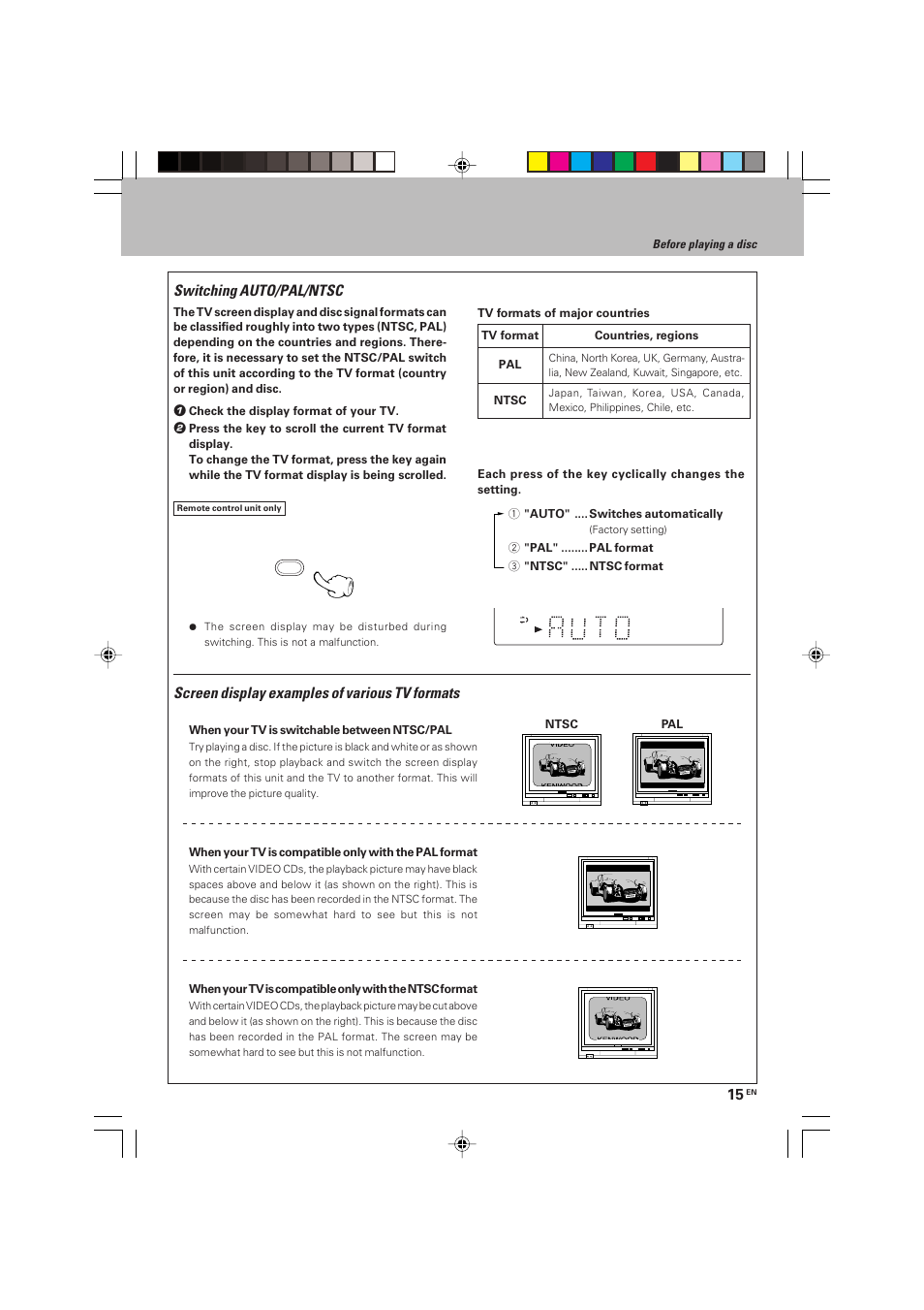 Switching auto/pal/ntsc, Screen display examples of various tv formats | Kenwood HM-V655MP User Manual | Page 15 / 56