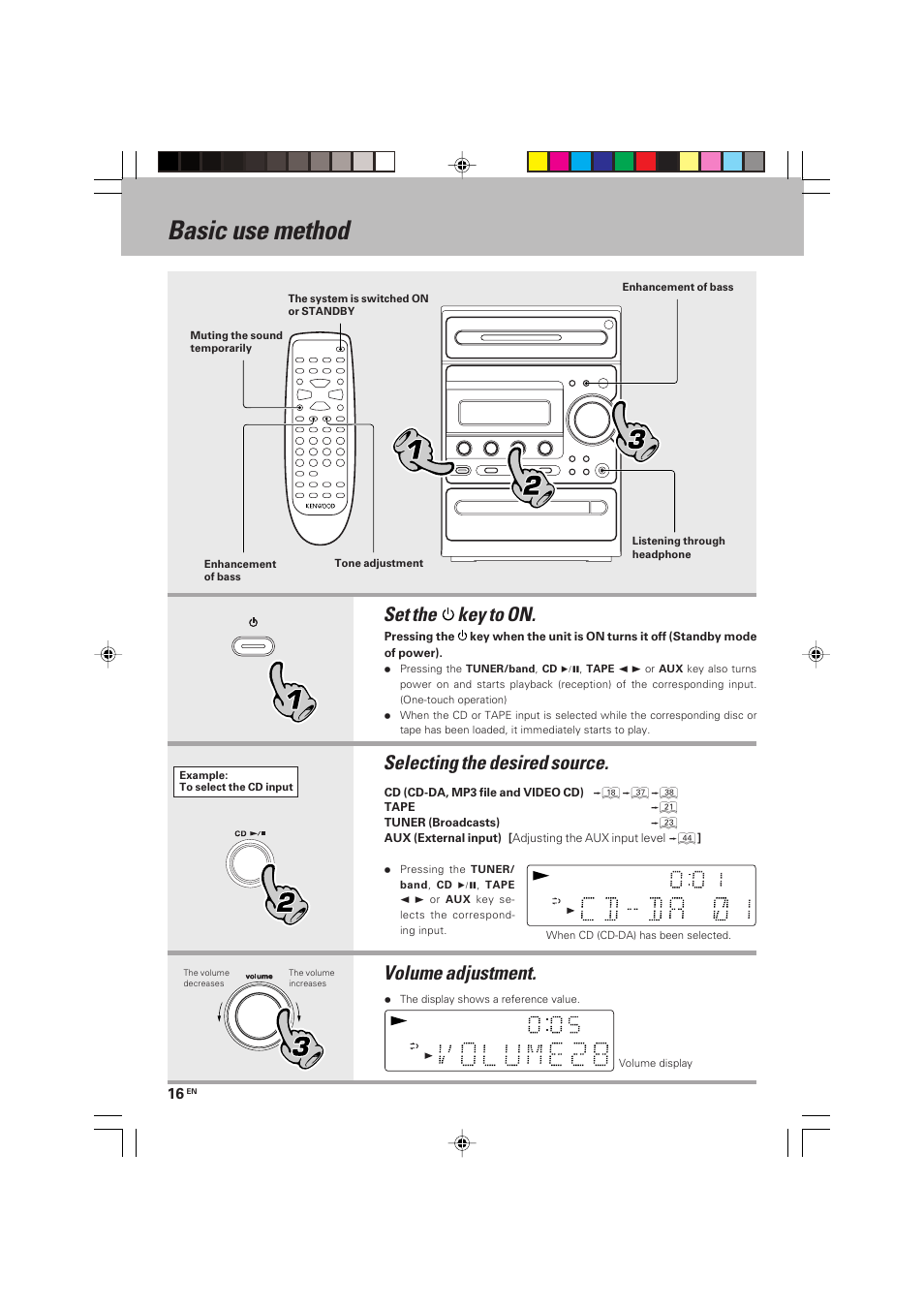 Basic section, Basic use method, Set the key to on | Selecting the desired source, Volume adjustment | Kenwood HM-V655MP User Manual | Page 16 / 56