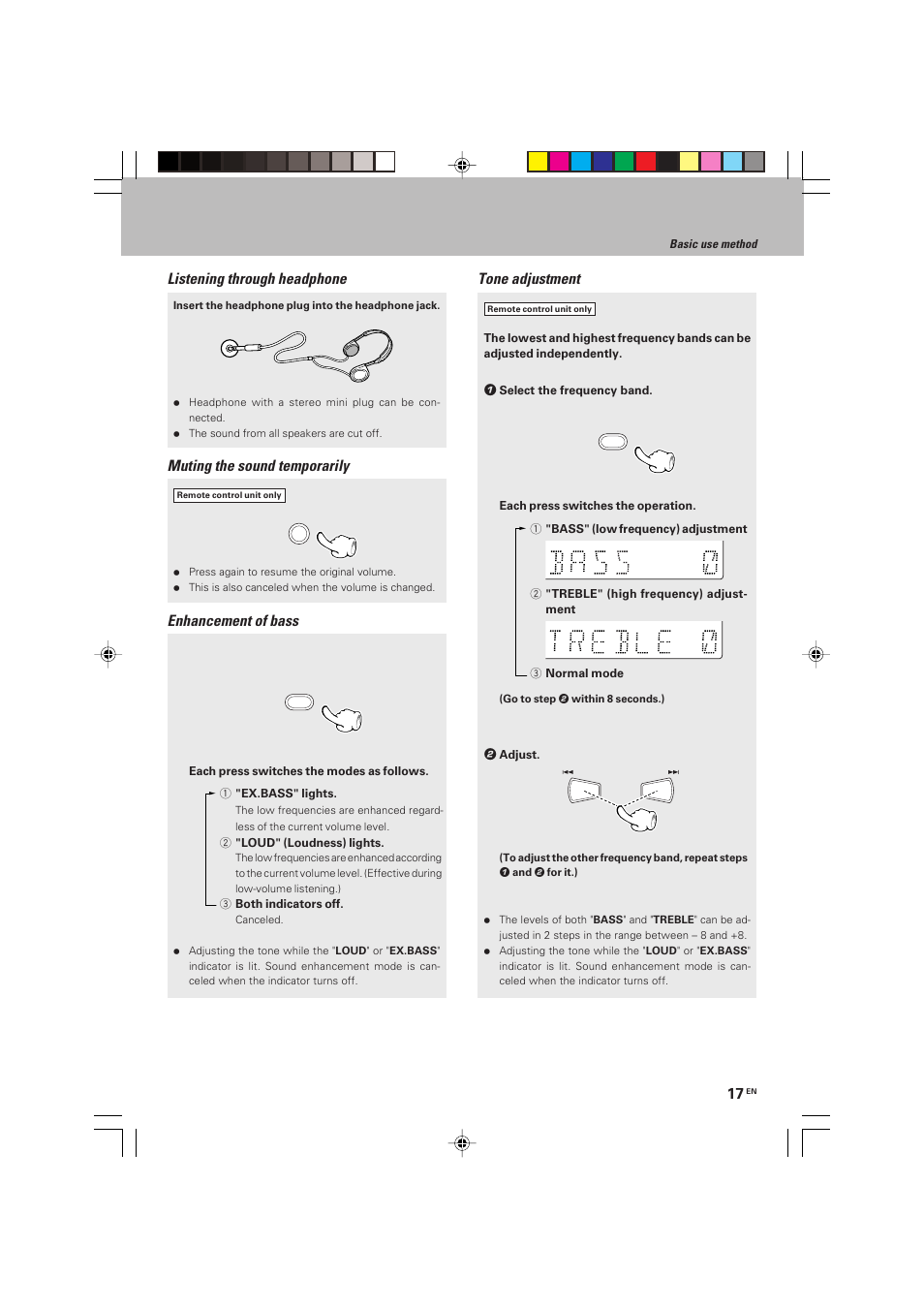 Muting the sound temporarily, Enhancement of bass, Listening through headphone | Tone adjustment | Kenwood HM-V655MP User Manual | Page 17 / 56