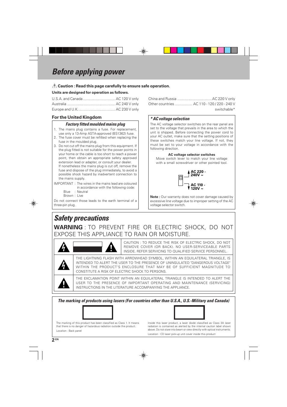 Preparation section, Before applying power, Safety precautions | Factory fitted moulded mains plug, Ac voltage selection | Kenwood HM-V655MP User Manual | Page 2 / 56