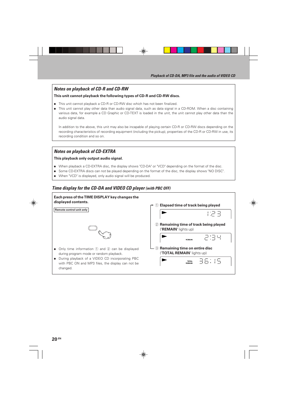 Time display for the cd-da and video cd player | Kenwood HM-V655MP User Manual | Page 20 / 56