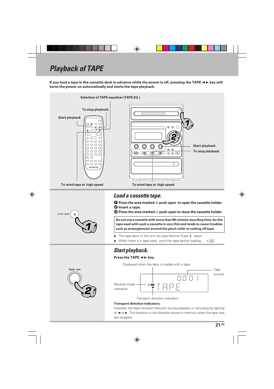 Playback of tape, Load a cassette tape. 2. start playback | Kenwood HM-V655MP User Manual | Page 21 / 56