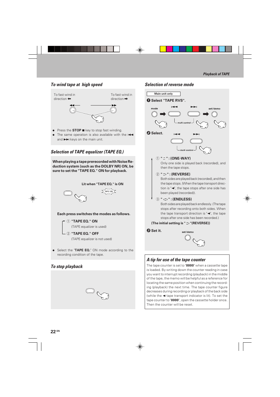 Selection of tape equalizer (tape eq.), Selection of reverse mode to stop playback, A tip for use of the tape counter | Kenwood HM-V655MP User Manual | Page 22 / 56