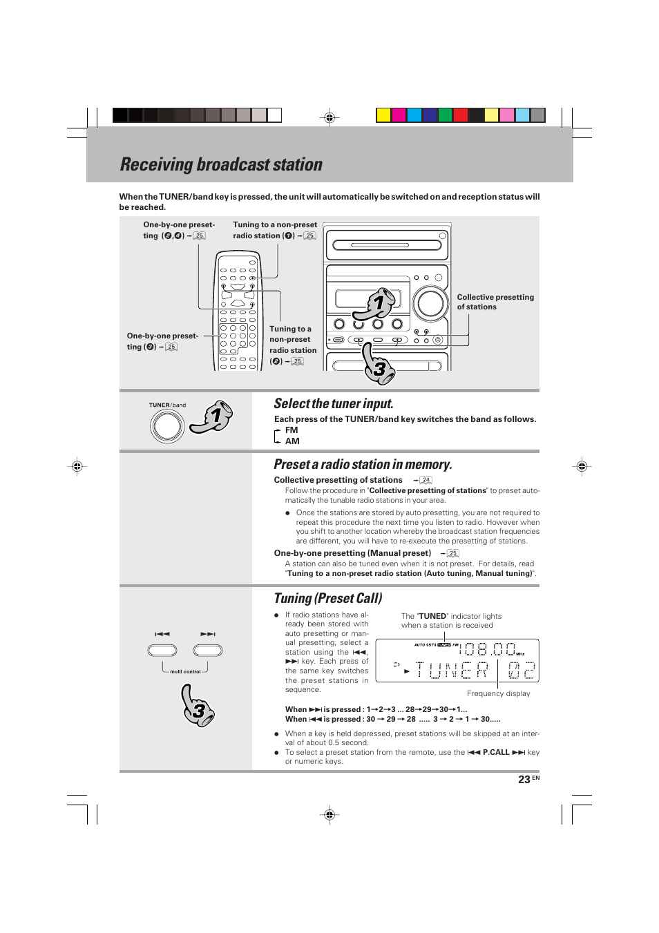 Receiving broadcast station, Select the tuner input, Tuning (preset call) | Kenwood HM-V655MP User Manual | Page 23 / 56