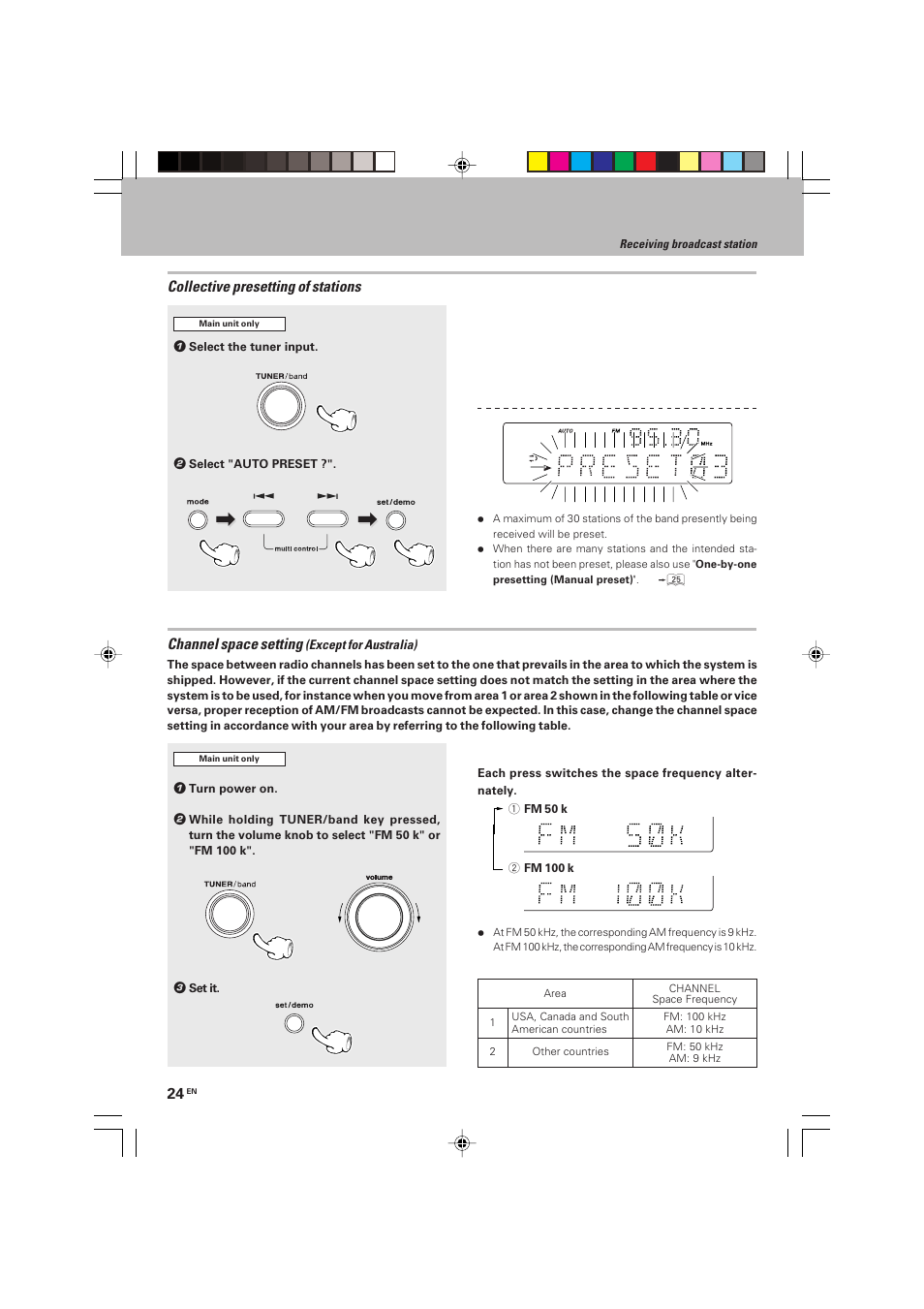 Collective presetting of stations, Channel space setting | Kenwood HM-V655MP User Manual | Page 24 / 56