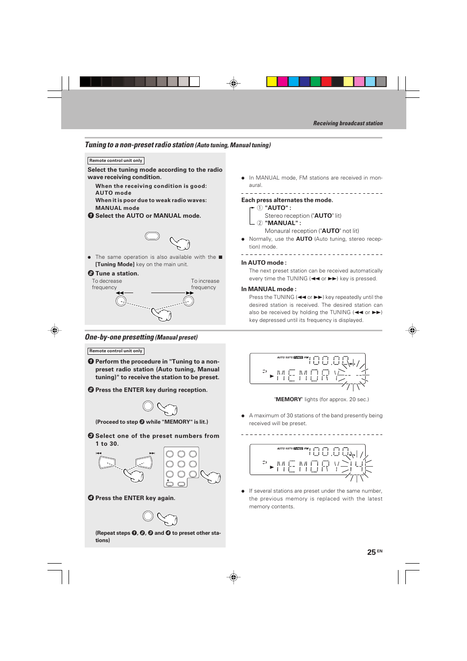 One-by-one presetting, Tuning to a non-preset radio station | Kenwood HM-V655MP User Manual | Page 25 / 56