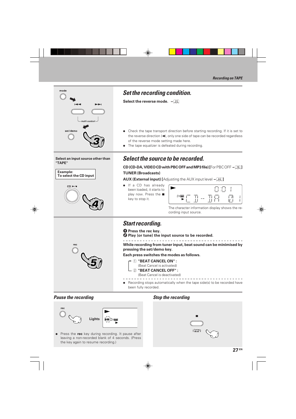 Set the recording condition, Select the source to be recorded, Start recording | Kenwood HM-V655MP User Manual | Page 27 / 56