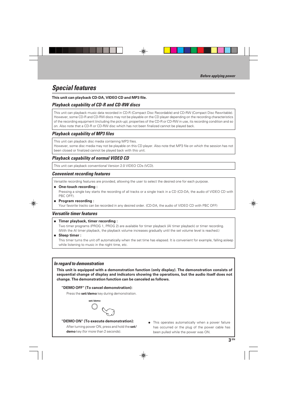 Special features, Playback capability of cd-r and cd-rw discs, Playback capability of mp3 files | Playback capability of normal video cd, Convenient recording features, Versatile timer features | Kenwood HM-V655MP User Manual | Page 3 / 56