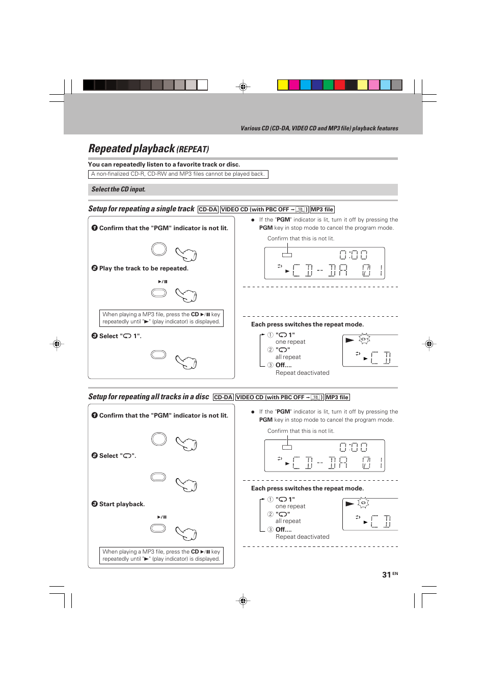 Repeated playback, Repeat), Setup for repeating a single track | Setup for repeating all tracks in a disc | Kenwood HM-V655MP User Manual | Page 31 / 56