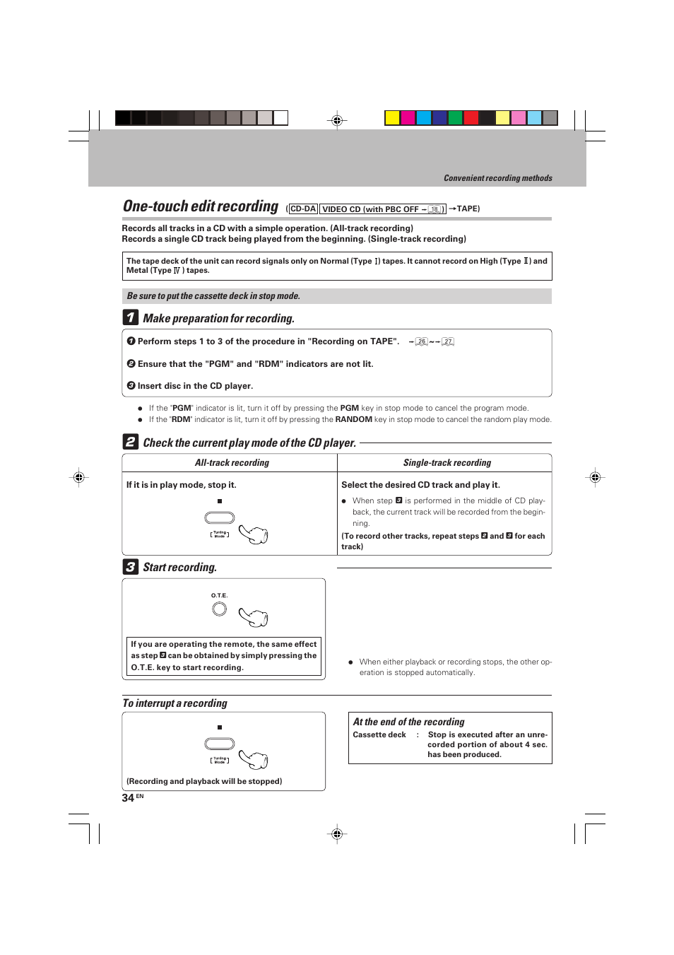 One-touch edit recording, Make preparation for recording, Check the current play mode of the cd player | Start recording | Kenwood HM-V655MP User Manual | Page 34 / 56