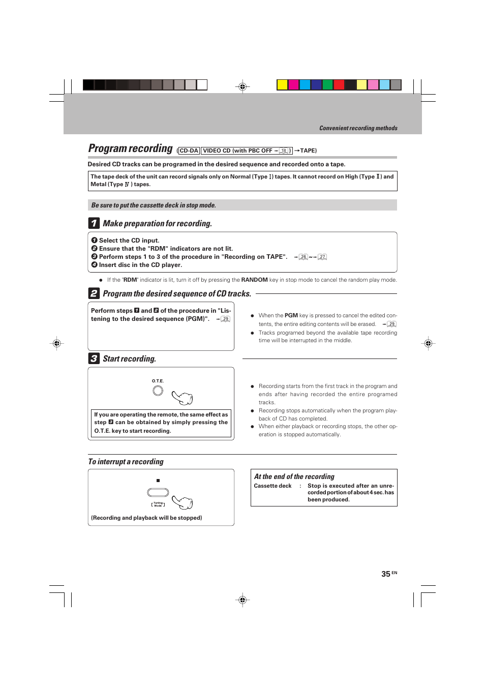 Program recording, Make preparation for recording, Program the desired sequence of cd tracks | Start recording | Kenwood HM-V655MP User Manual | Page 35 / 56