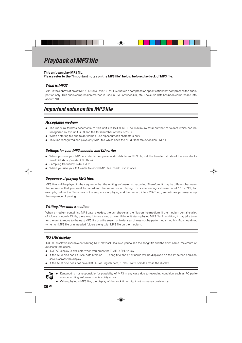 Playback of mp3 file, What is mp3, Acceptable medium | Settings for your mp3 encoder and cd writer, Sequence of playing mp3 files, Writing files onto a medium, Id3 tag display | Kenwood HM-V655MP User Manual | Page 36 / 56