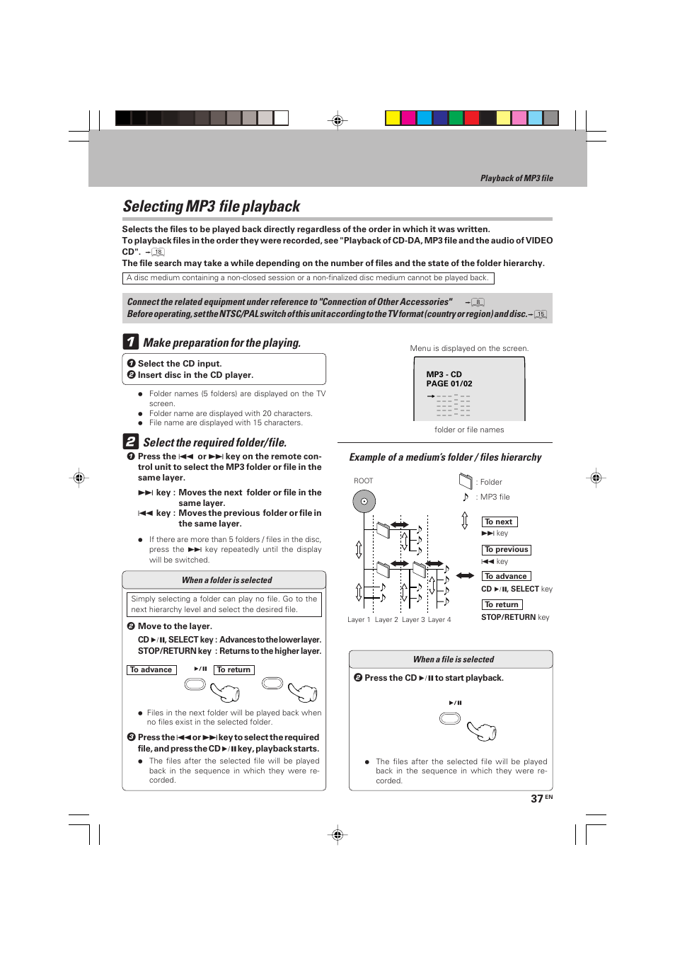 Selecting mp3 file playback, Make preparation for the playing, Select the required folder/file | Kenwood HM-V655MP User Manual | Page 37 / 56