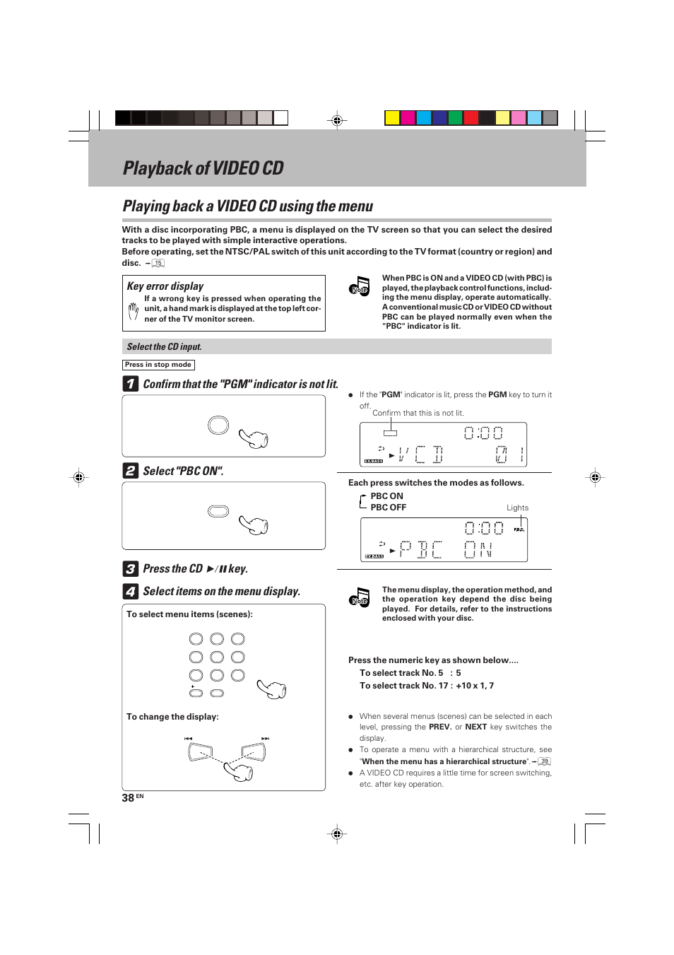 Playback of video cd, Playing back a video cd using the menu, Confirm that the "pgm" indicator is not lit | Select "pbc on, Press the cd 6 key, Select items on the menu display, Key error display | Kenwood HM-V655MP User Manual | Page 38 / 56