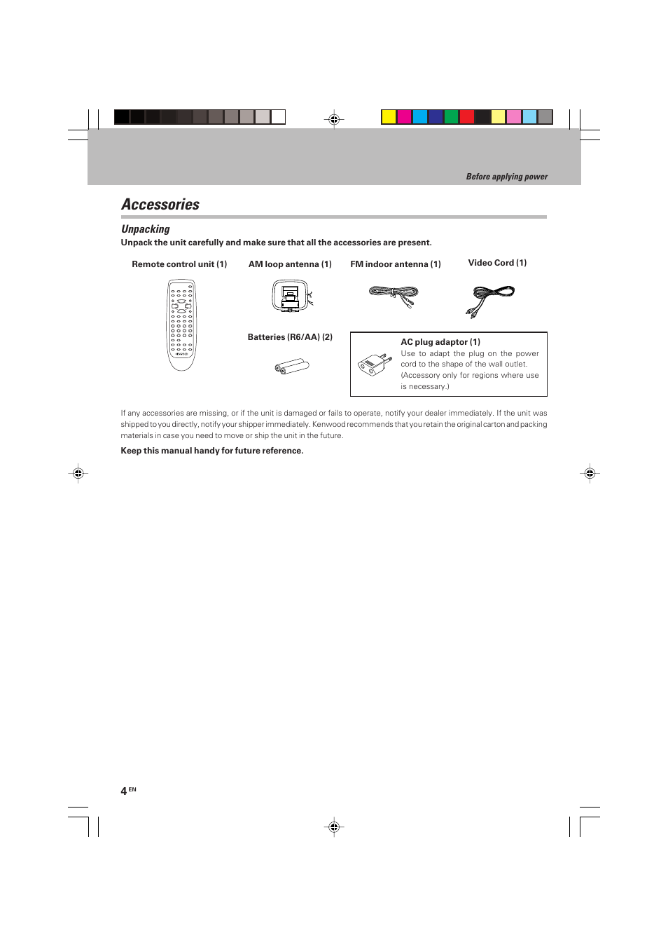 Accessories, Unpacking | Kenwood HM-V655MP User Manual | Page 4 / 56