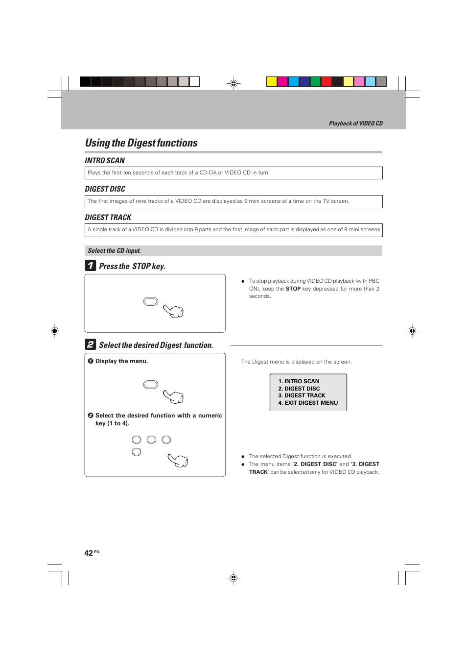 Using the digest functions, Select the desired digest function, Press the stop key | Intro scan, Digest disc, Digest track | Kenwood HM-V655MP User Manual | Page 42 / 56