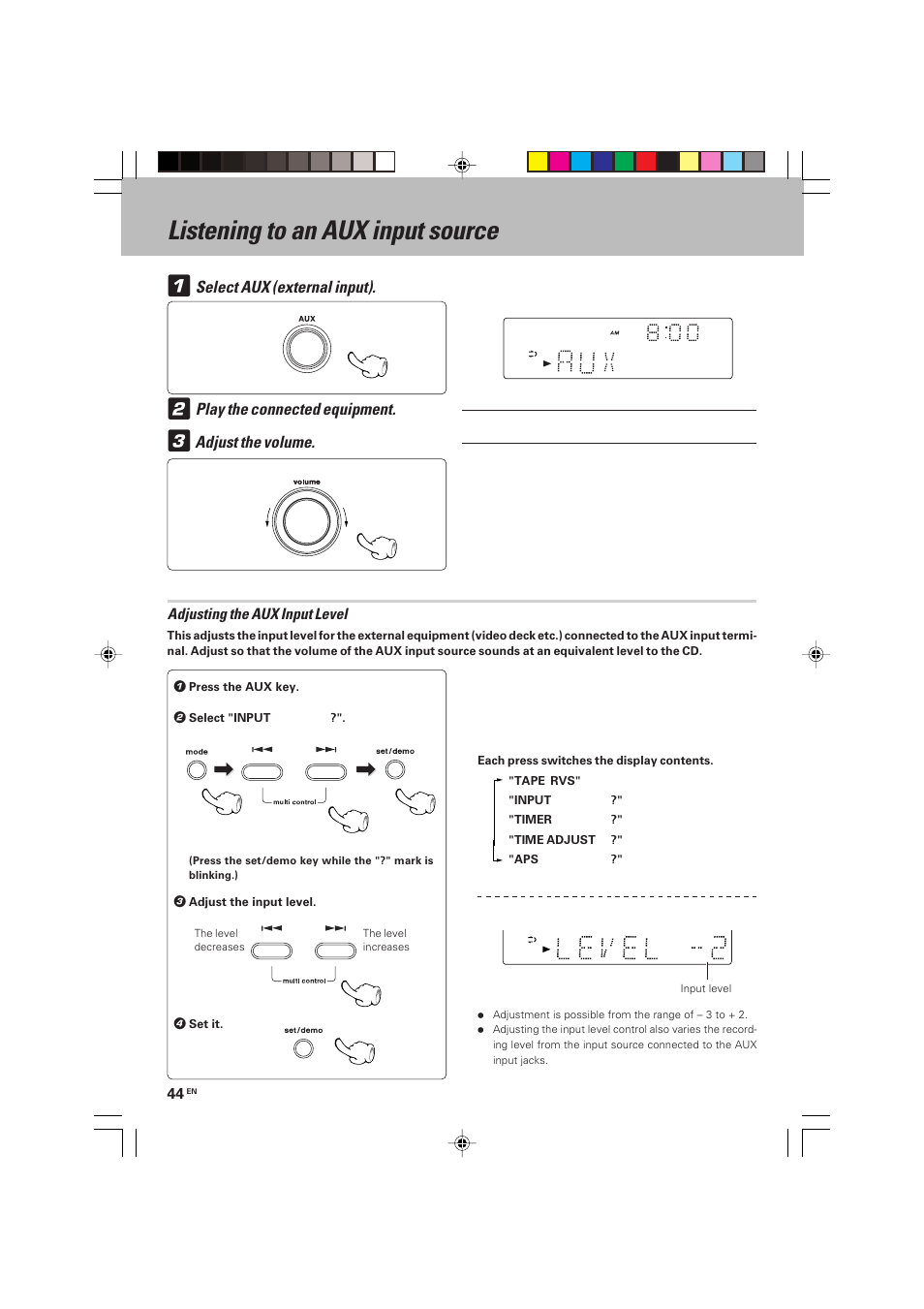 Listening to an aux input source | Kenwood HM-V655MP User Manual | Page 44 / 56