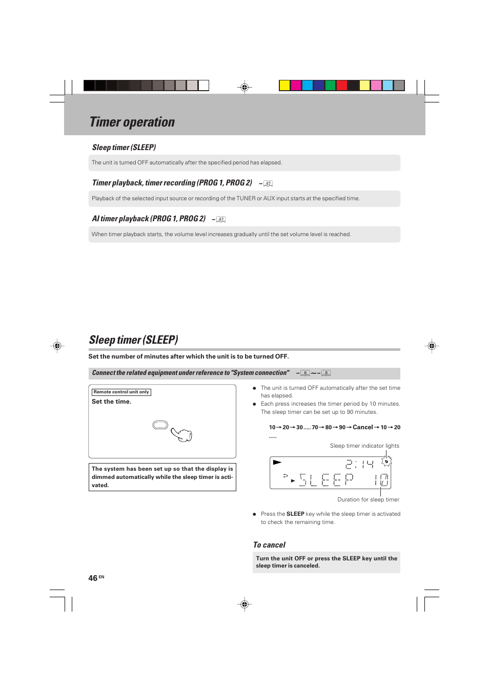 Timer operation, Sleep timer (sleep), Timer playback, timer recording (prog 1, prog 2) | Ai timer playback (prog 1, prog 2) | Kenwood HM-V655MP User Manual | Page 46 / 56
