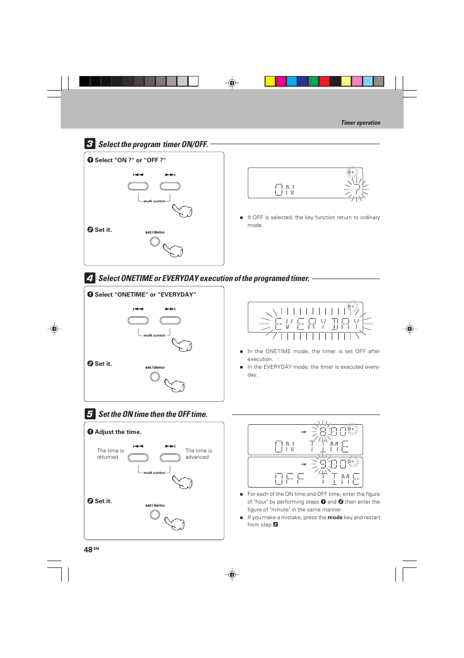 Select the program timer on/off, Set the on time then the off time | Kenwood HM-V655MP User Manual | Page 48 / 56