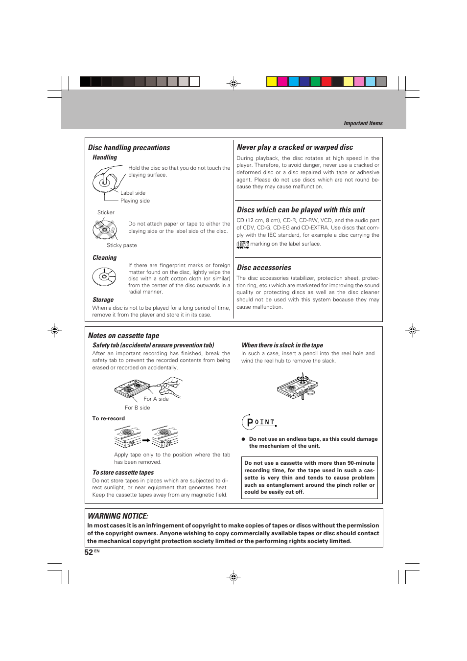 Disc handling precautions, Discs which can be played with this unit, Never play a cracked or warped disc | Disc accessories, Warning notice | Kenwood HM-V655MP User Manual | Page 52 / 56