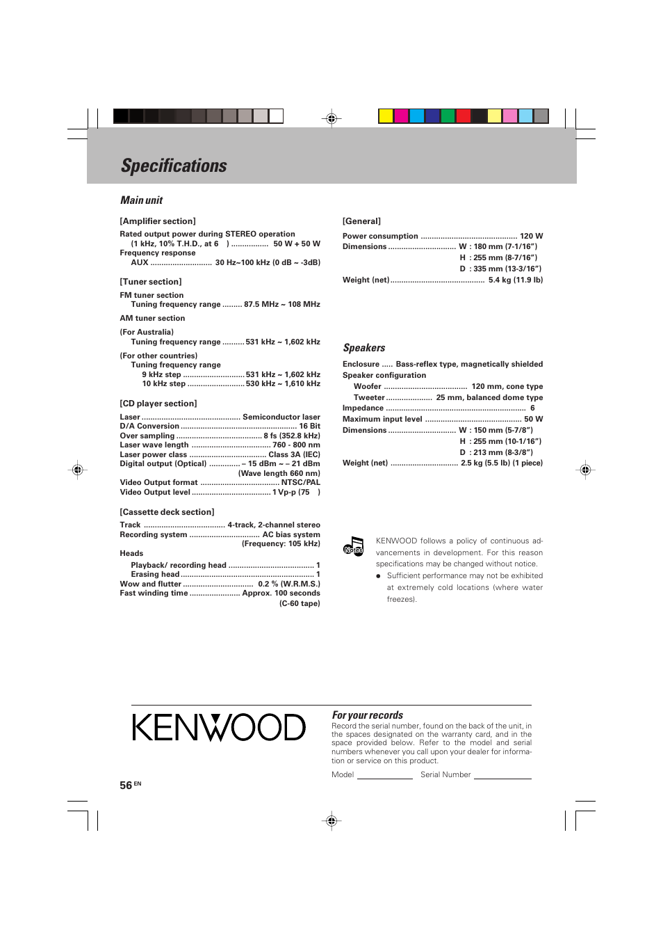 Specifications, Main unit, Speakers | For your records | Kenwood HM-V655MP User Manual | Page 56 / 56