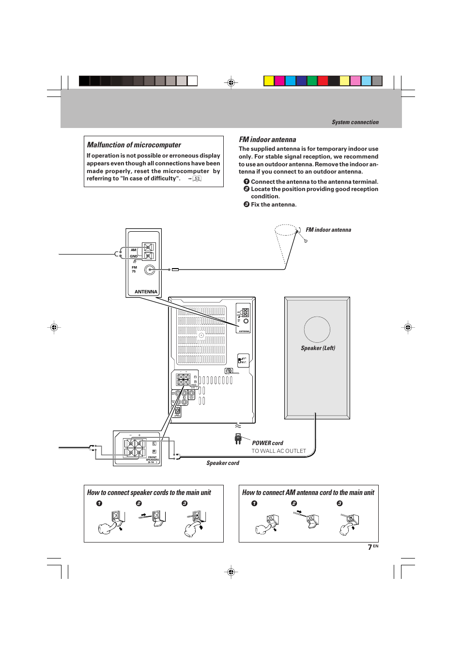 Fm indoor antenna, How to connect am antenna cord to the main unit, System connection | Connect the antenna to the antenna terminal, Fix the antenna, Speaker cord power cord, Fm indoor antenna speaker (left) | Kenwood HM-V655MP User Manual | Page 7 / 56